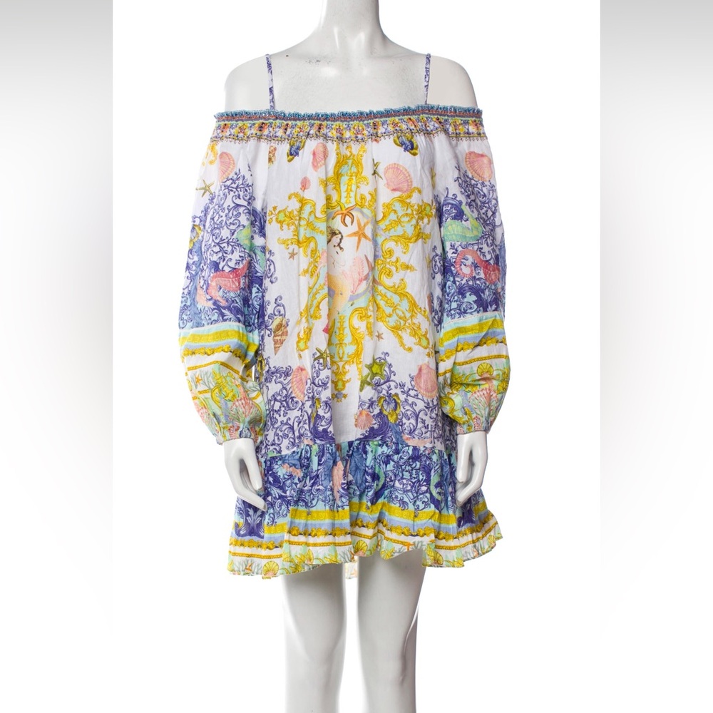 NWT Camilla Star of the Sea Multicolor crystal ruffle Off-Shoulder Mini Dress